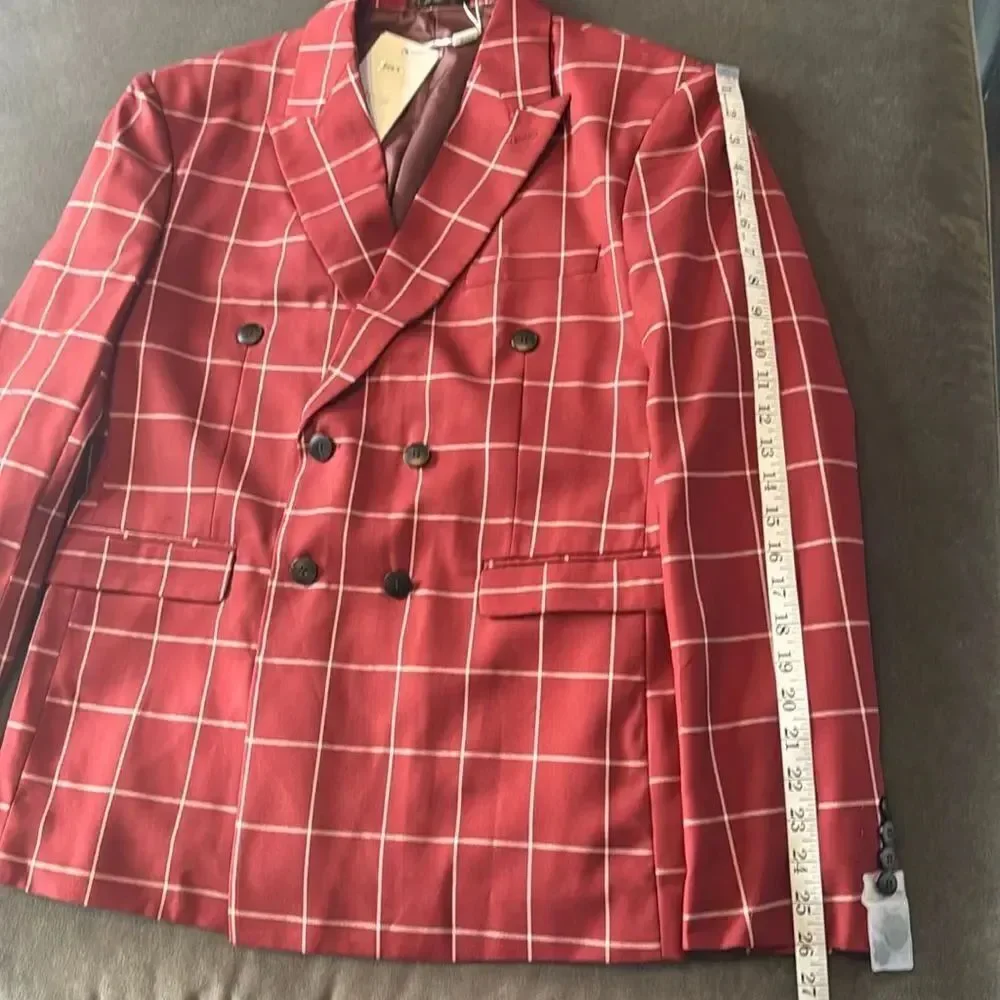 Men’s Check Plaid 3 Piece Suit Double Breasted Peak Lapel 42 Jacket 38 Pants NEW